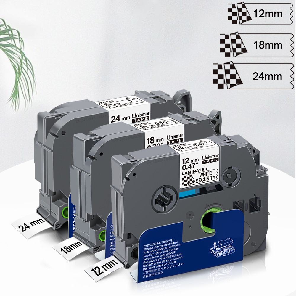 

12/18/24mm Label Compatible for Brother PT Security Tapes TZeSE3 TZeSE4 TZeSE5 Black on White for Brother P-touch Label Maker