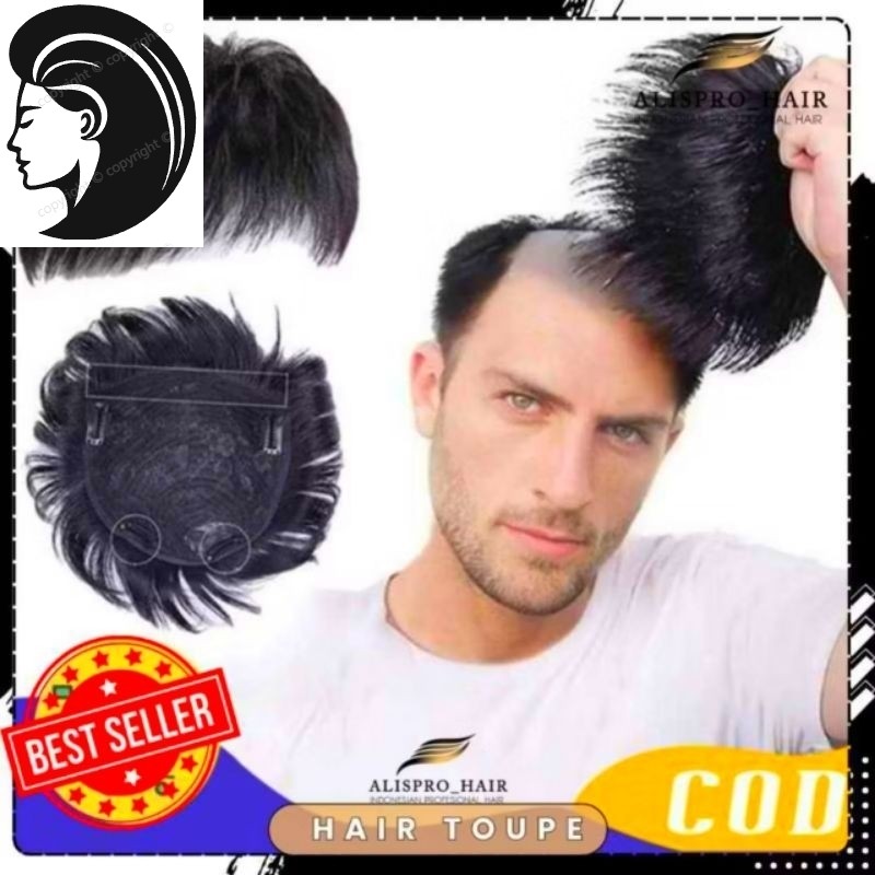 【Rambut nyata.】 Wig Toupee Pria Rambut Penutup Botak Dengan Menggunakan 3 klip Warna Hitam -COD