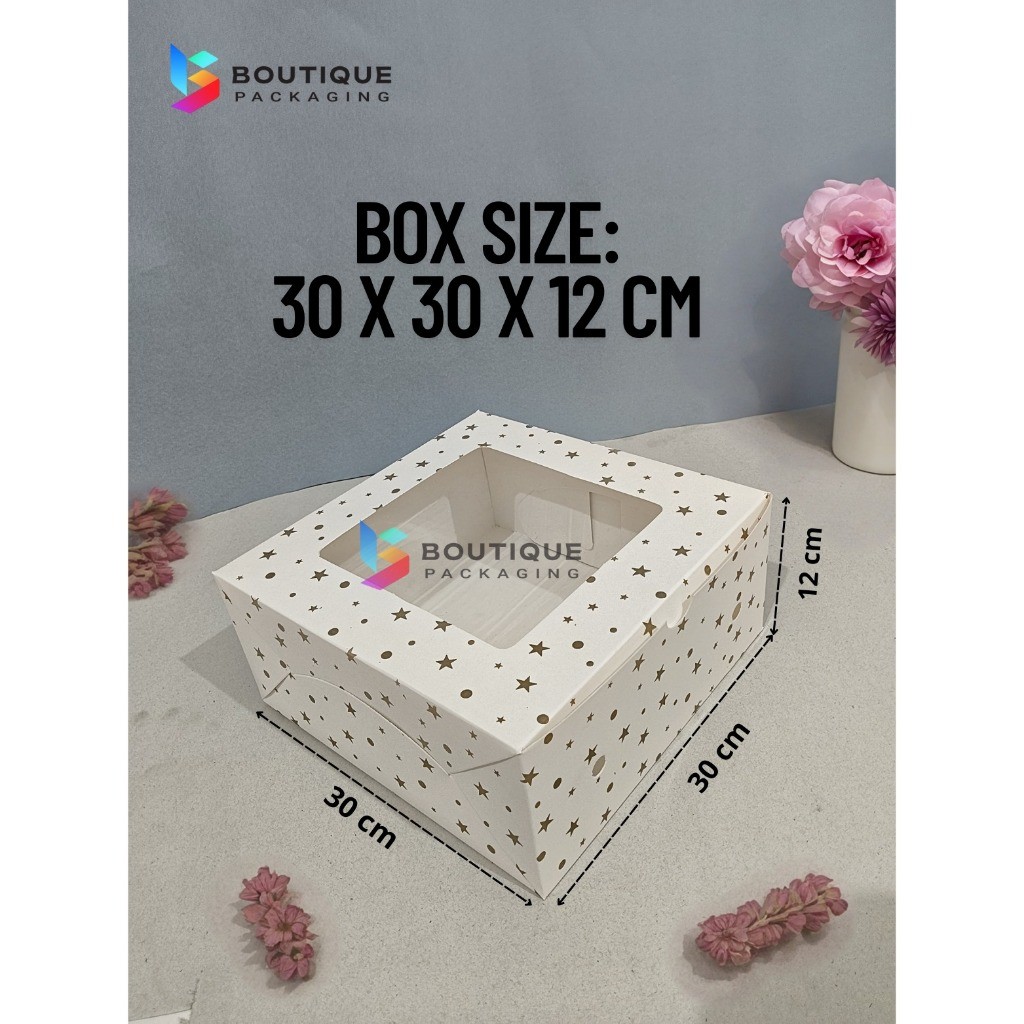 

Fuji Box Dus kue ivory polkadot bintang emas 30 cm x 30 cm x 12 cm putih ivory premium jendela ( 10 Pcs )