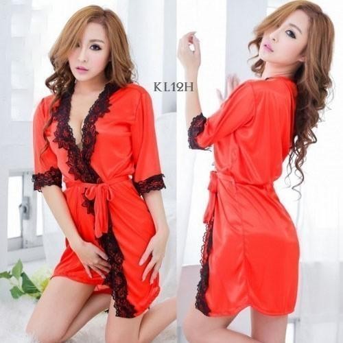 Mini Dress Kimono Lingerie Wanita Satin Merah Premium KL12H