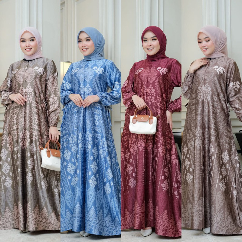 Tiara dress gamis silk motif lebaran bahan silk jumbo busui