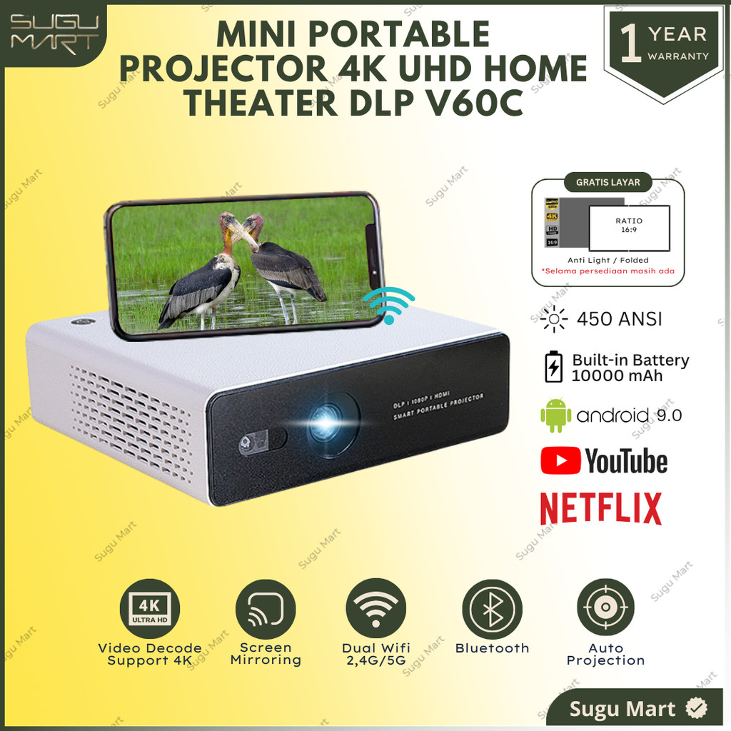 Proyektor Dlp V60C 450 Ansi Lumens RAM 1 / 32 GB Android 9 1080P Support 4K UHD | Proyektor build in