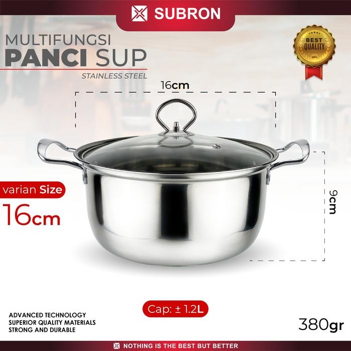 SUBRON Panci Sup Soup Pot 16cm 18cm Stainless Steel Tutup Kaca Kecil - 16 cm Subron Panci - Panci Su