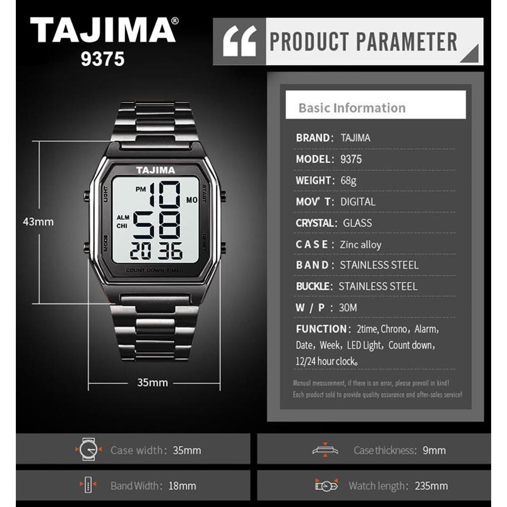 Jam Tangan Digital Pria Tajima 9375 LED Light Water Resist Original Garansi + Free BOX (tajima.indon