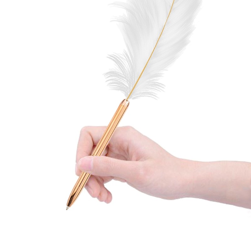 

J6PA Retro White Feather Ballpoint Pen Exquisite Siganture Pen Refillable Ballpoint Pen for Wedding Office Business Gift
