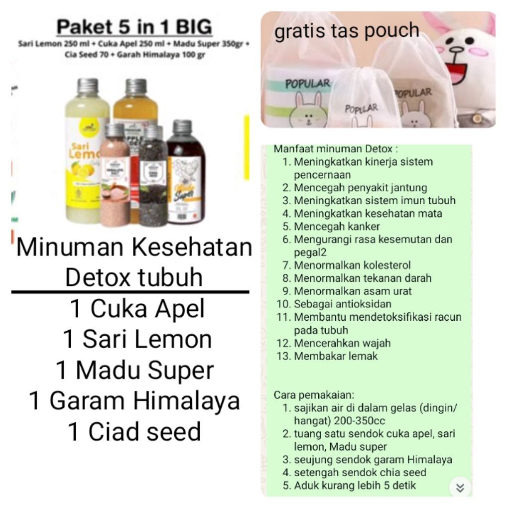 

Hampers/Paket/Parsel harga promo Minuman Sehat, Minuman Detox, gratis pouch/tas kecil, isi : cuka apel,sari lemon, madu super, garam Himalaya, chia sheed