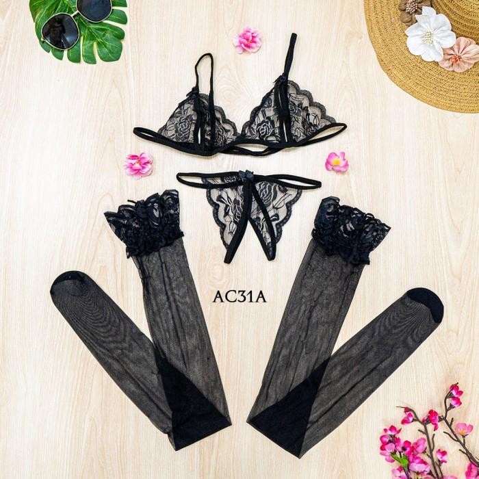 Stocking Sexy Lace + Bra Cd G String Underwear Wanita Hitam AC31A