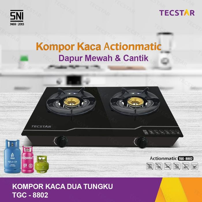 Terbaru Tecstar TGC 8802 Kompor Gas 2 Tungku Kaca Tempered Actionmatic Dapur Mewah Cantik Label SNI 