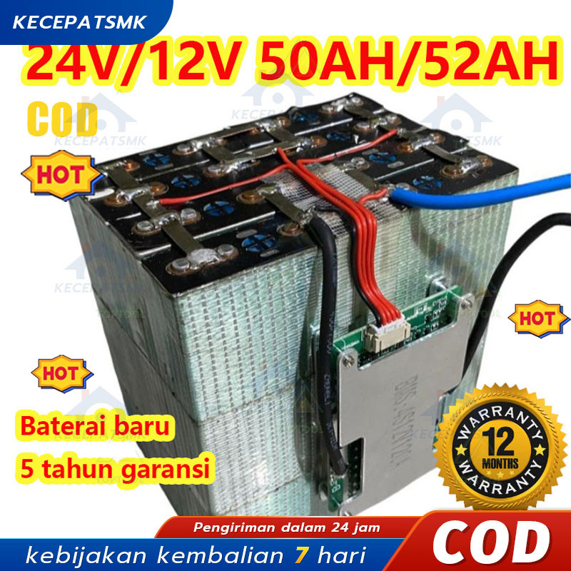 COD 2025 ttery Baterai Lifepo4 12V/24V 52Ah / 24V 50Ah/50Ah include sudah BMS 100A / Non BMS Garansi