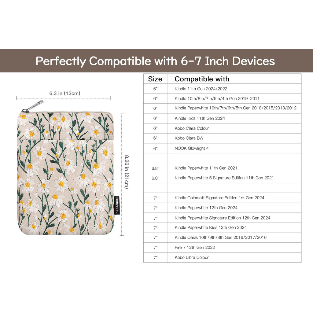 Embroidered Daisy Padded Sleeve for 7" Kindle Paperwhite, Protective Sleeve Case for 6" Kindle/Kindl
