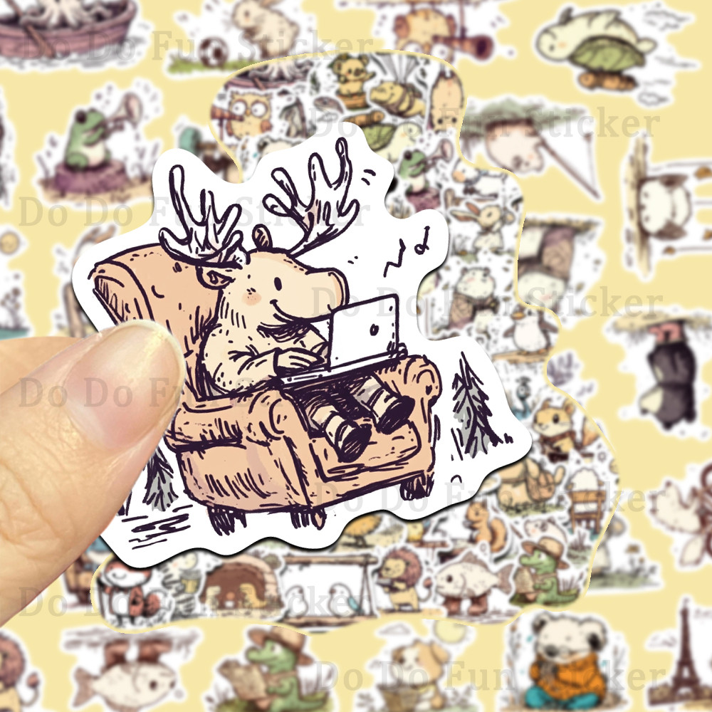

50PCS Nostalgic Style Cute Hand Drawn Animals Fun Daily Sticker Waterproof PVC DIY Cup Laptop Guitar Luggage Scrapbook DIY Gift
