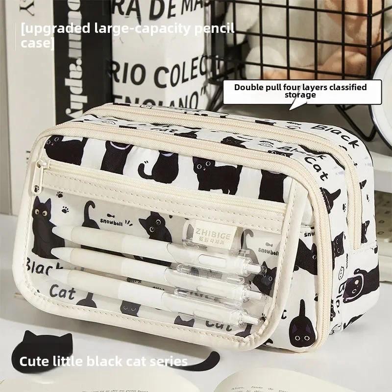 

Transparent Large Capacity Pencil Case Women's Student Korean Version Multi-layer Stationery Bag Ins Black Cat Pain Pencil Bag