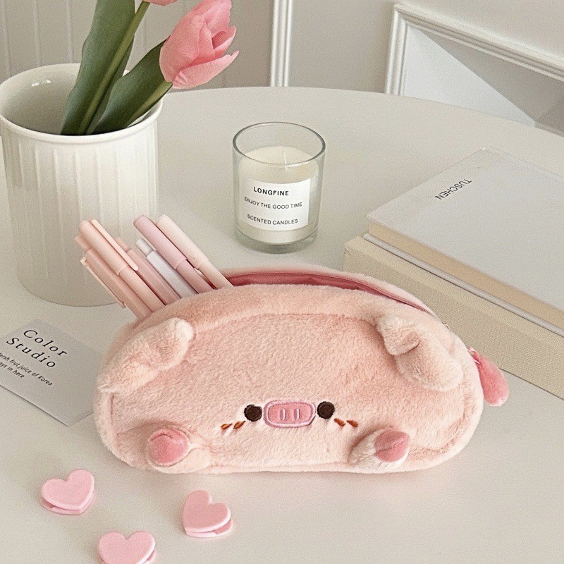 

Plush Pink Color Piggy Pencil Case Creative Korean Fashion Student Pencil Bag High Capacity Stationery Scrapbook Storage Bag