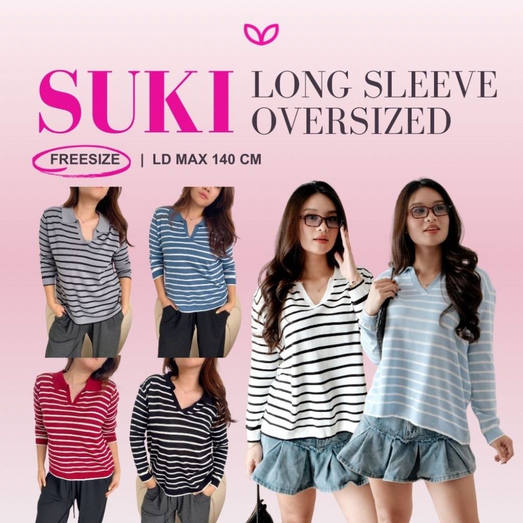 USYSHOP Pluffyschoice Suki Long Sleeve Oversized Stripes Top Baju Atasan Wanita