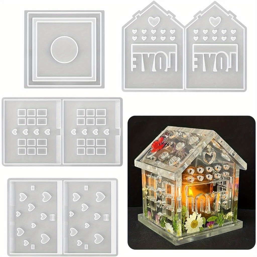 

3D Combined Heart House Tealight Holder Silicone Mold, House Candle Holder Mold for Epoxy Resin