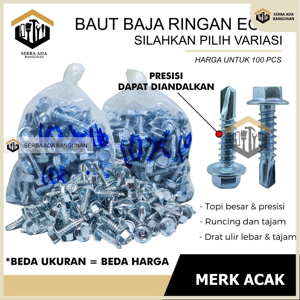 SAB Baut baja ringan l baut Skrup Baja Ringan 10x16 10x19 Harga Termurah- 100pcs