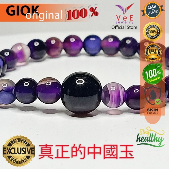 Gelang Tasbih 33 Batu Kecubung Ungu Amethyst 6mm Giok Hitam Cina Asli