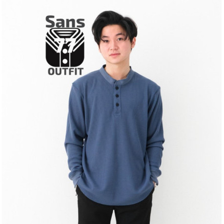 Baju Kaos Henley Pria Lengan Panjang Knit Waffle Premium Tebal - Blue Denim - M