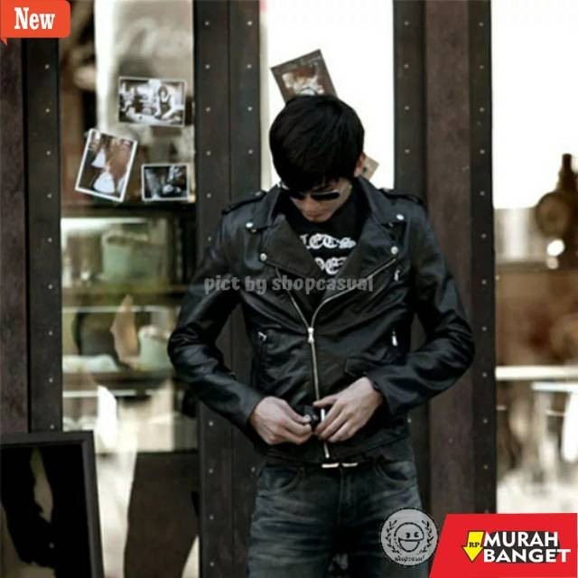jaket kulit pria garut Jaket Kulit Pria Vintage Korean Style Rock n Roll Punk Semi Kulit Motor Hitam