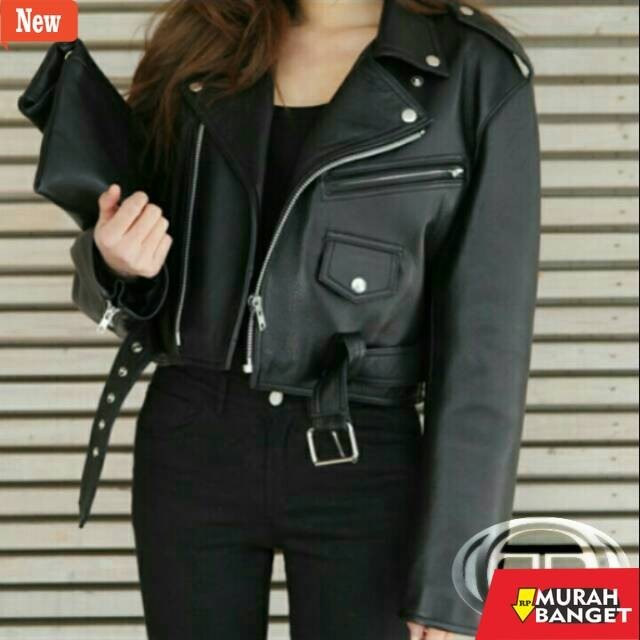 jaket kulit wanita hijab Jaket Kulit Wanita Crop Hitam semi kulit Sintetis