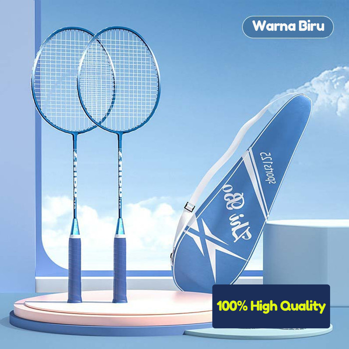 Raket Bulu Tangkis Isi 2 pcs/raket badminton original/raket badminton - Biru, Raket + Tas