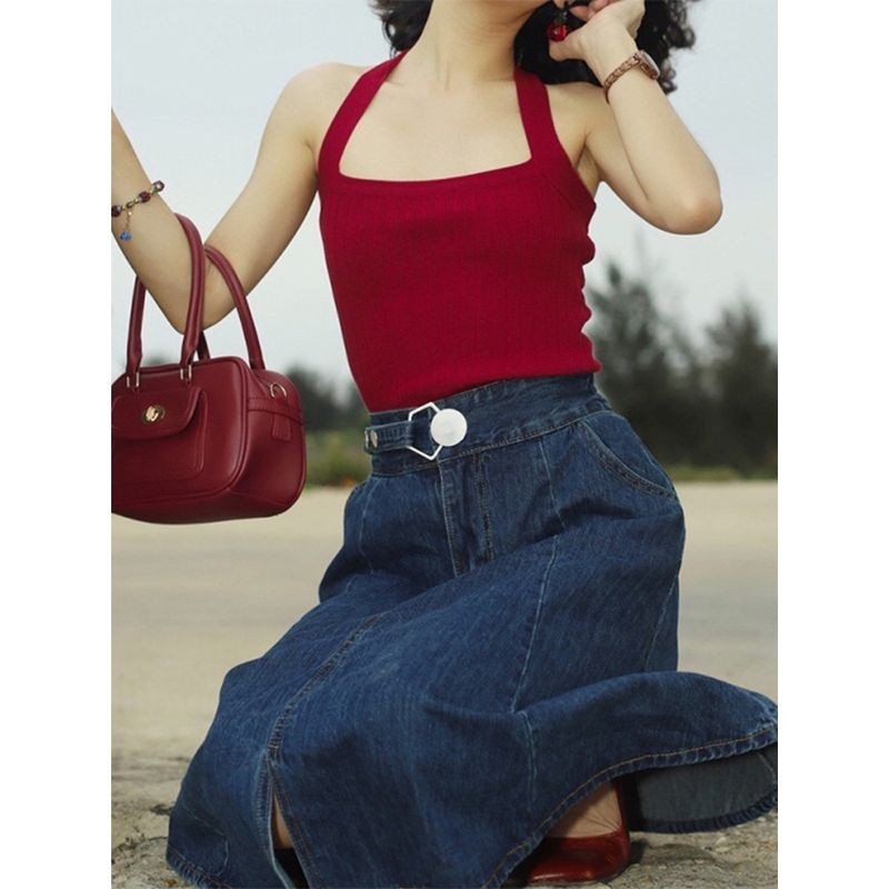 Retro Hong Kong gaya rompi tali leher merah pakaian luar wanita desain rasa niche  rajutan suspender