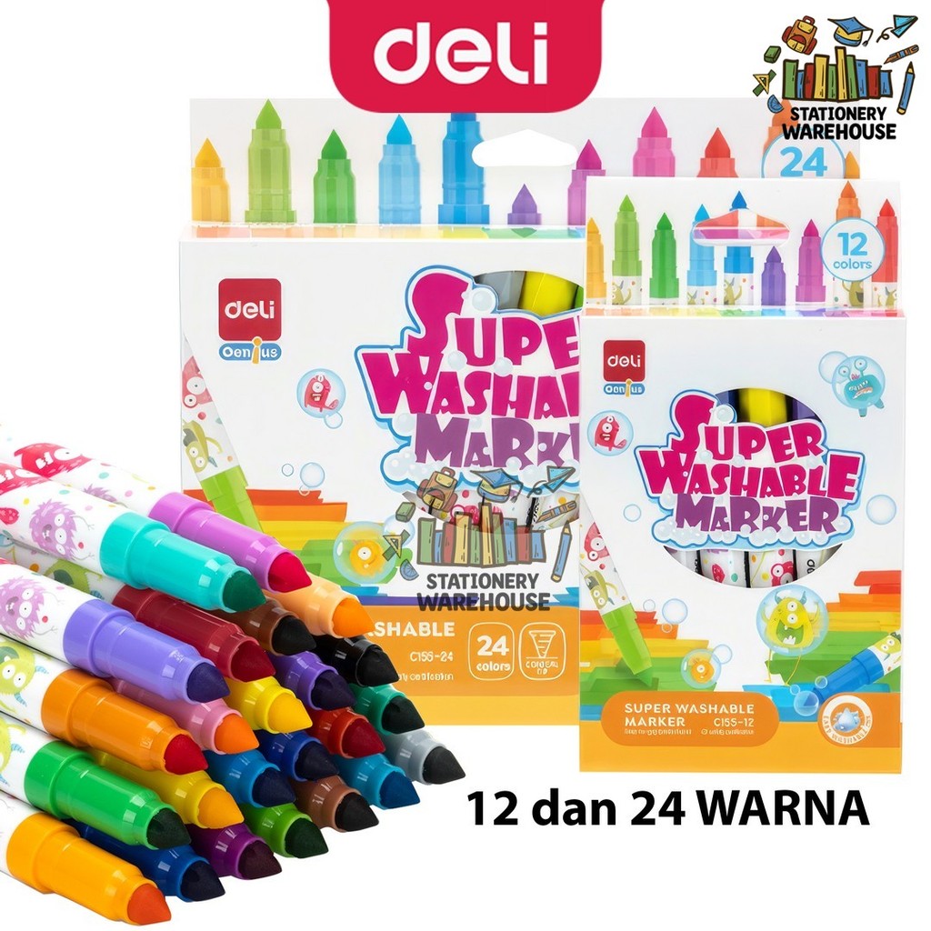 

Deli Washable Marker / Spidol Warna Anak 12 24 Warna Mudah dicuci Tersertifikasi Aman EC155-12 EC155-24 C155-12 C155-24
