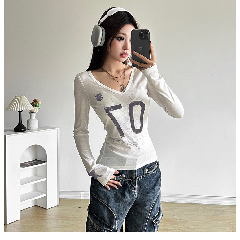 MODISOK  Salt Spice Girl Style Kontras Warna Surat Cetak V-Neck Lengan Panjang T-Shirt Wanita Mikro 