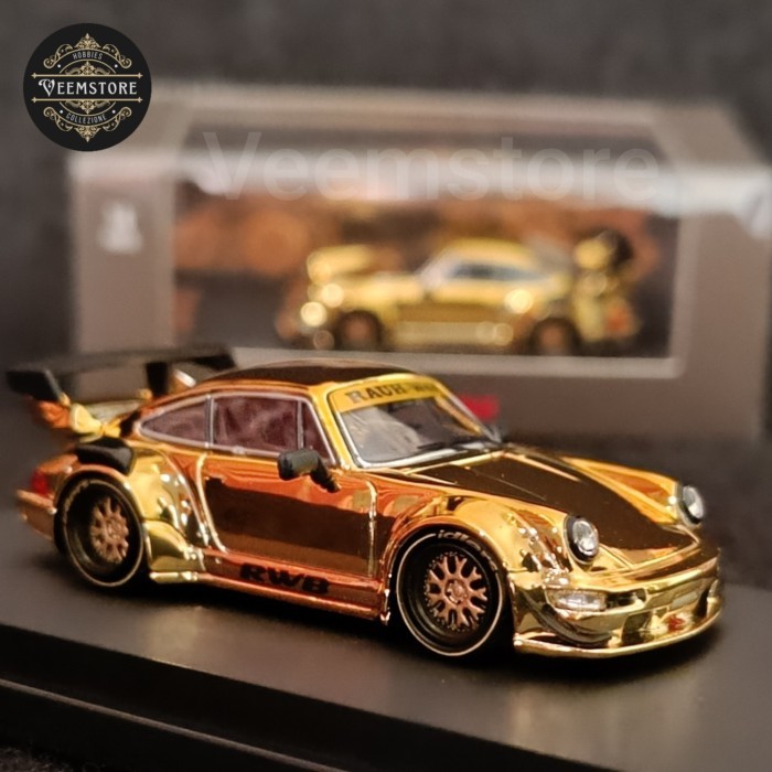 Mainan Diecast Skala 1:64 Porsche RWB 964 GT Wing Star Model Chrome Emas