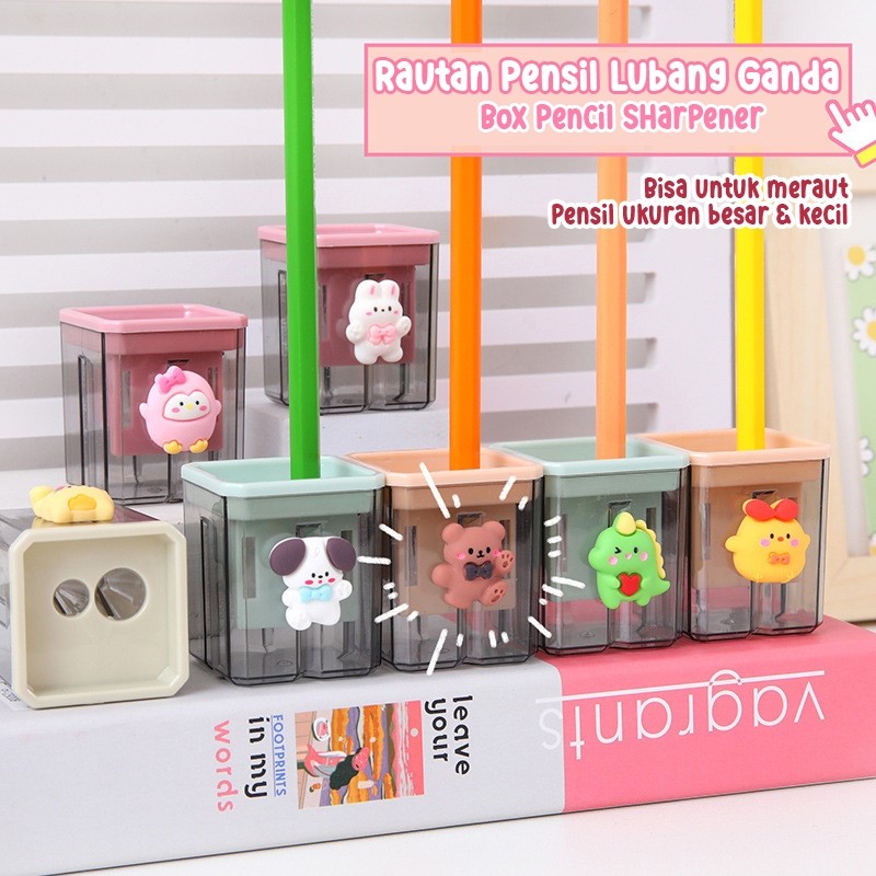 

Joi.Street - Double Hole Box Pencil Sharpener, Rautan Pensil Lubang Ganda Bentuk Karakter Kartun 3D Lucu