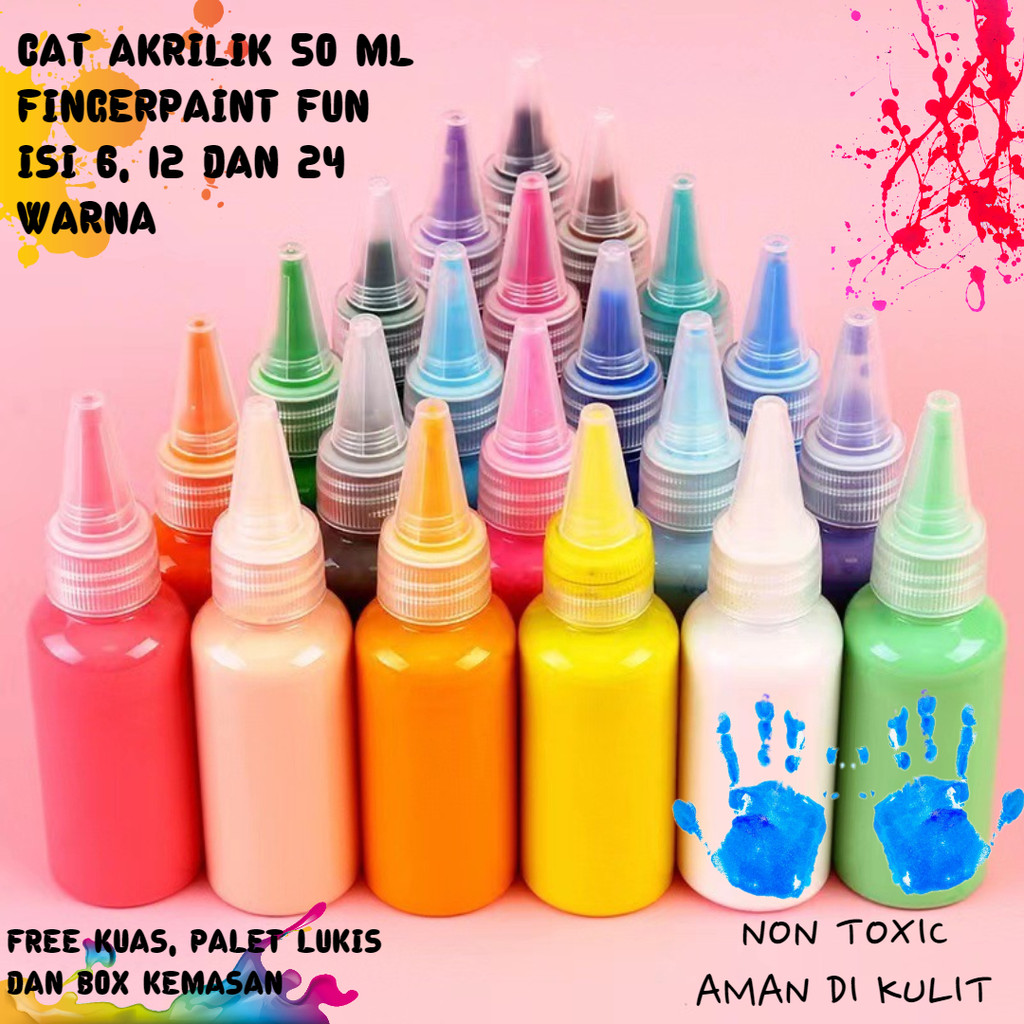 

CAT AKRILIK NON TOXIC FINGER PAINT SET 6, 12 DAN 24 WARNA ISI 50ML PERBOTOL FREE KUAS, PALET DAN BOX