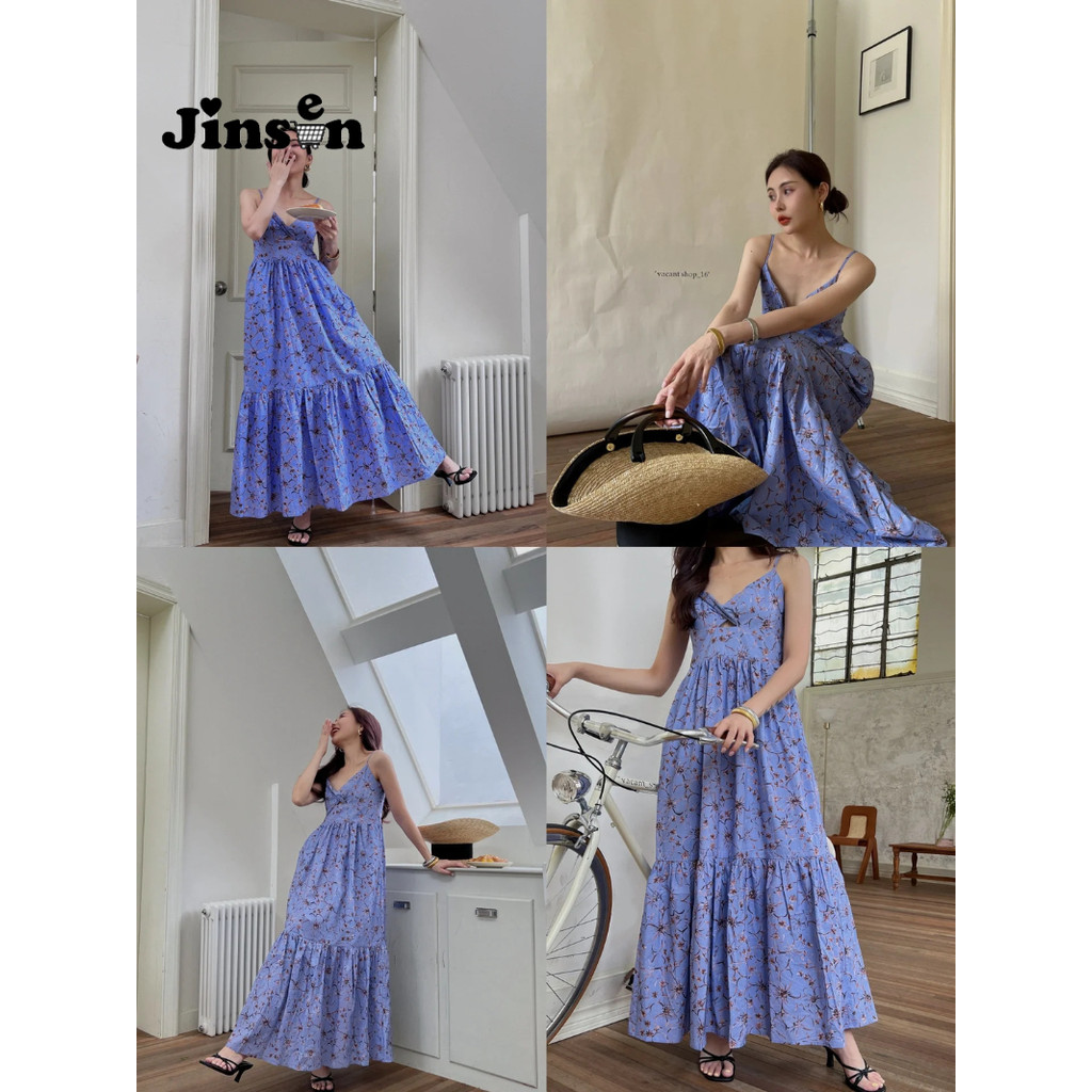 [JinSen] Gaun Tali Ikat Manis Baru Gaya Istirahat Minum Teh Perancis Gaun Tali Ikat Bunga Kelas Atas