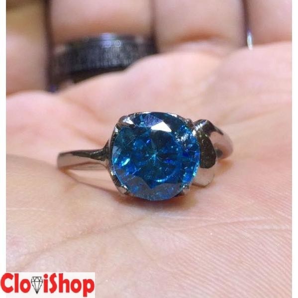 Cincin Titanium Wanita Batu Permata London Blue Topaz Cutting Round HQ