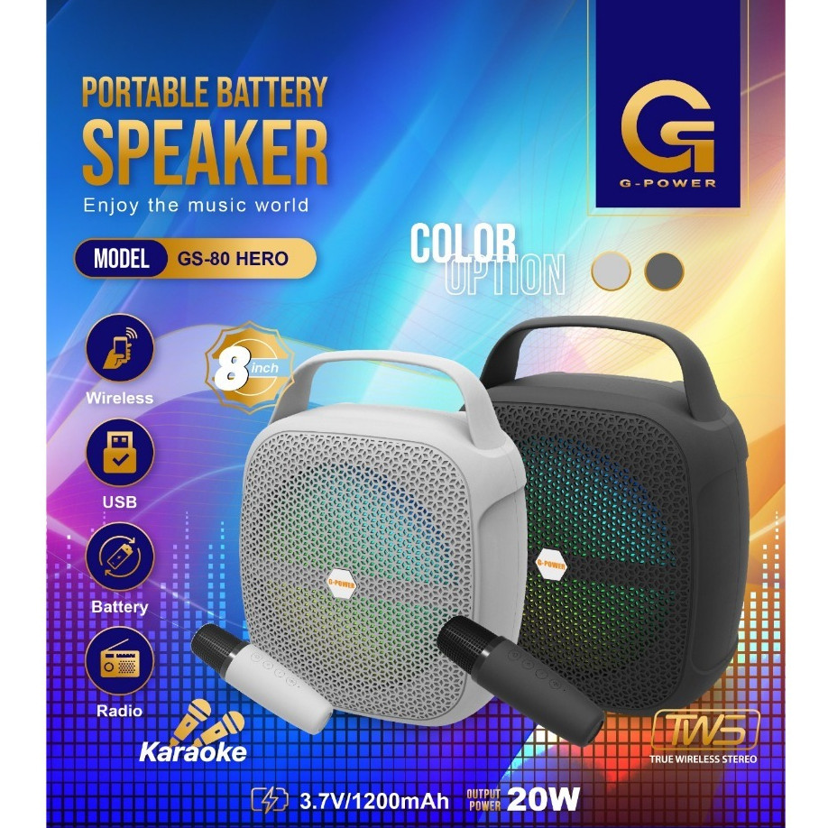 PGM✅ Gpower GS80 HERO - SPEAKER KARAOKE BLUETOOTH  PORTABLE 8inch Hero Free 1 Microphone Wireless