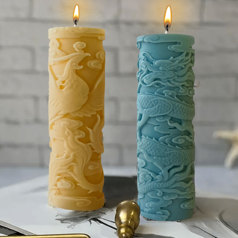 

Dragon Phoenix Embossment Cylinder Candle Silicone Candle Mold Anaglyph Plaster Mould Candle Making Supplies