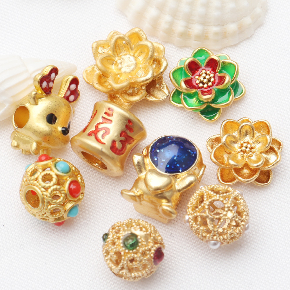 (5 harga) manik-manik emas kuno manik-manik lepas pasir manik-manik transfer emas DIY gelang aksesor