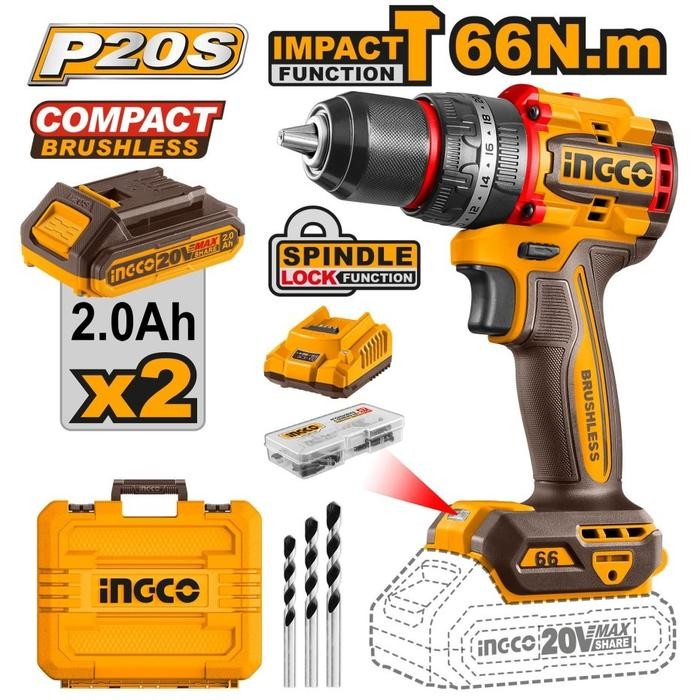 Ingco CIDLI20668 Mesin Bor Beton 13mm 66Nm Baterai Cordless Impact Drill Brushless