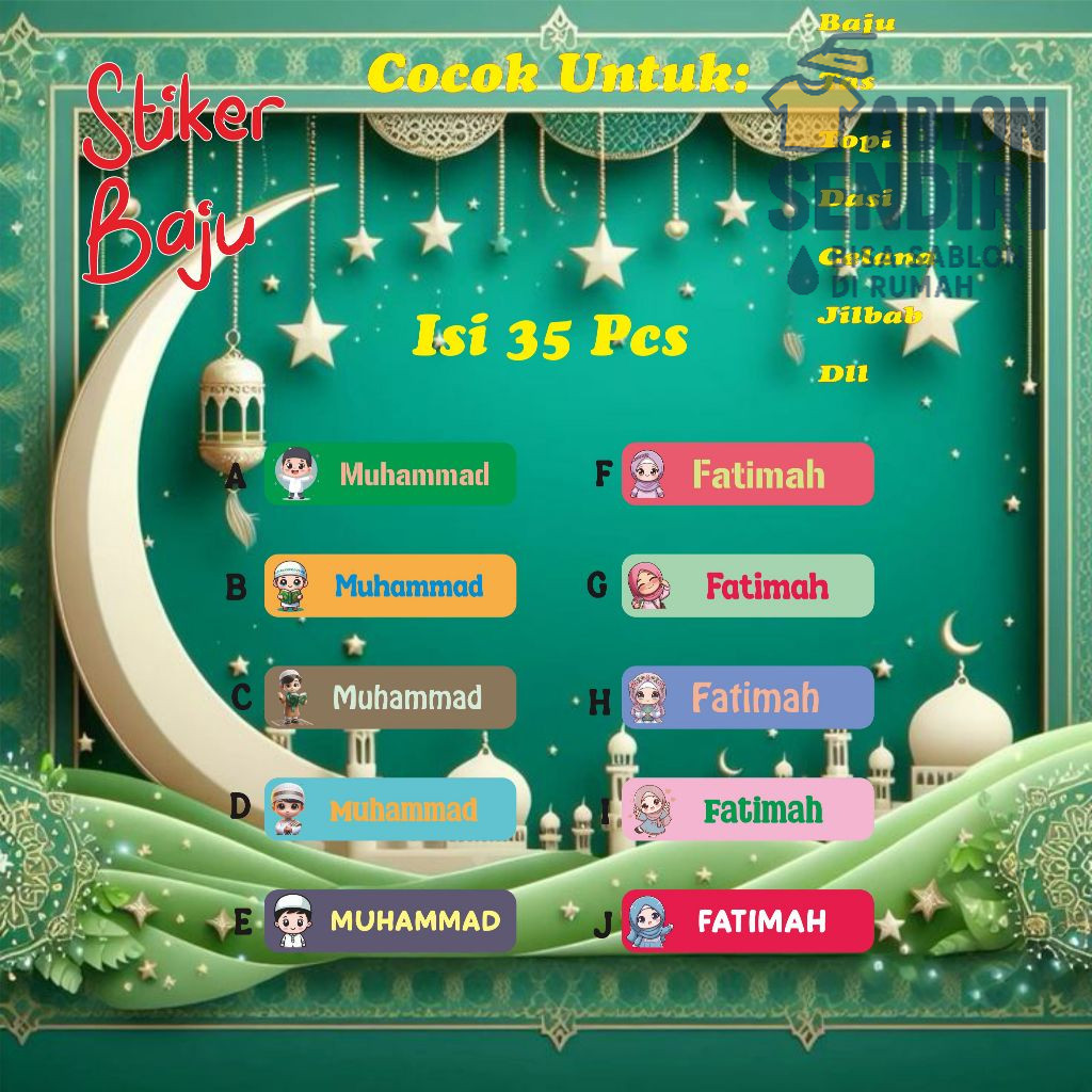 

Stiker Nama Lebaran Idul Fitri/Label Nama Setrika Anak-anak Bahan Dtf Waterproof Isi 35Pcs Bisa Custom