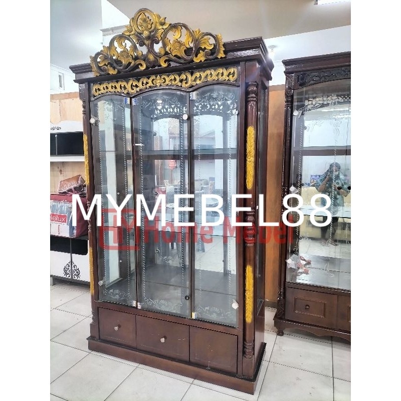 [MYMEBEL88] PROMO TERMURAH LEMARI HIAS JATI JEPARA 3 PINTU MAHKOTA LIST GOLD
