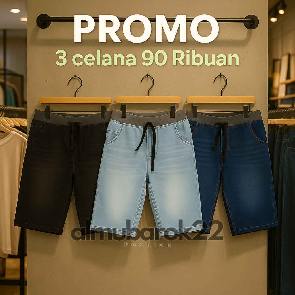 PROMO 100RB 3 PCS CELANA PENDEK PRIA JEANS KOLOR RIB PINGGANG KARET CELANA LEVIS