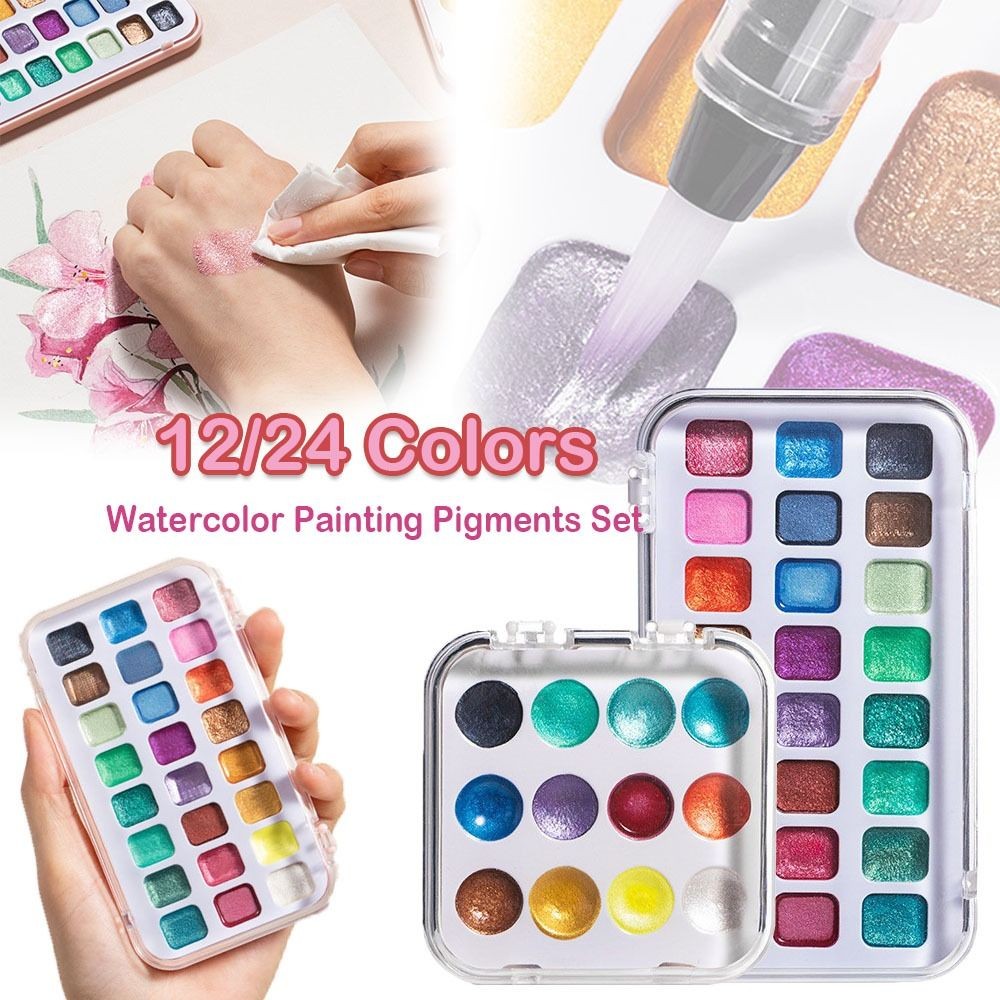 

12/24Colors Watercolor Painting Pigments Set Lightfastness Washable Pearlescent Watercolor Paints Mini-portable