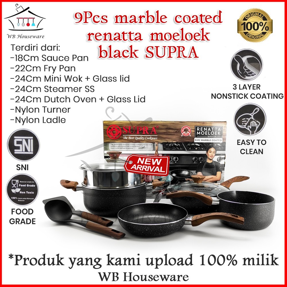 Panci set SUPRA alumunium anti lengket Renatta Moeloek Signature Set 9 Pcs Marble Coated