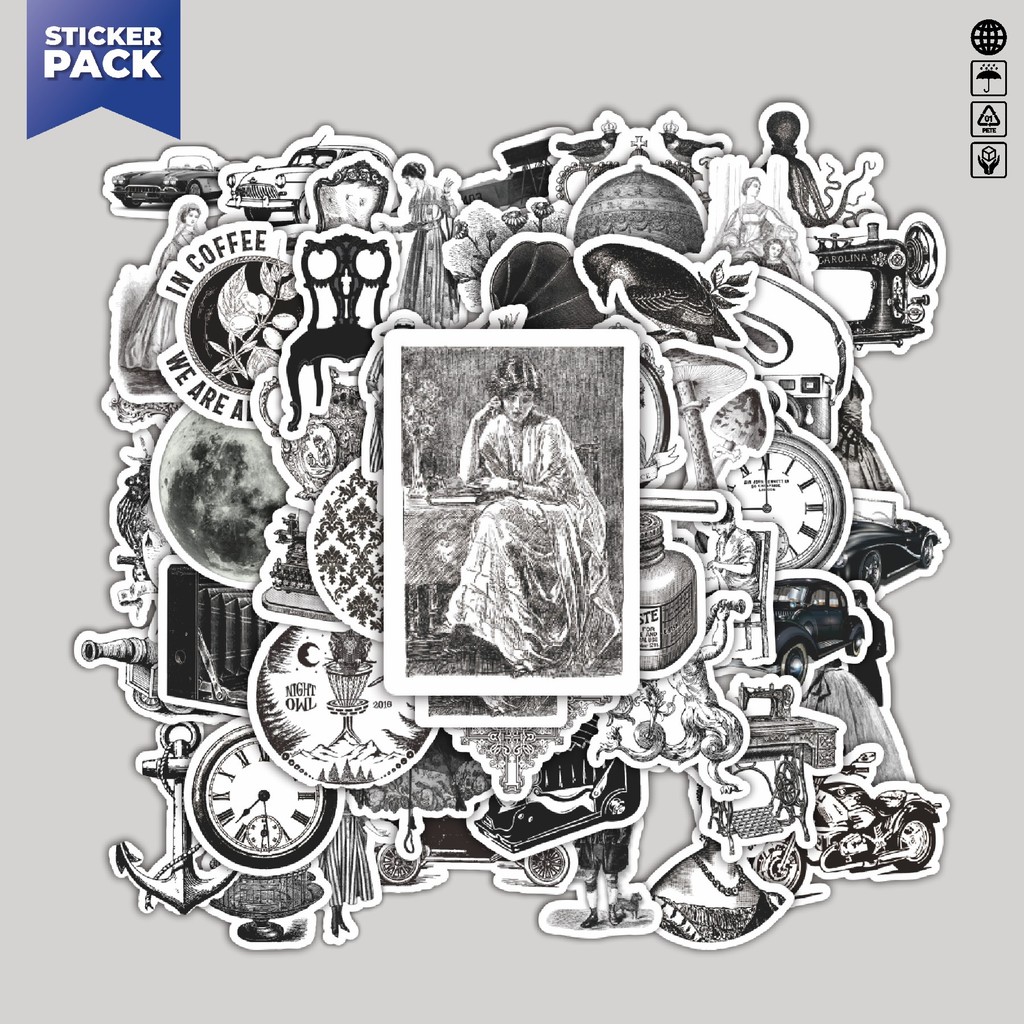 

[100PCS]Stiker Pack Stiker Retro Classical Bnw Aesthetic Vinyl Anti Air Dekorasi Sticker Laptop Buku Journal Koper Helm Casing HP Gitar Helm Skateboard