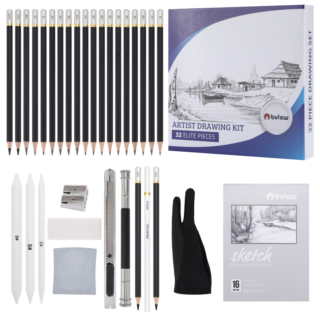 

BVS-32 Art Set Master Drawing Toolkit: 32-Pc Sketch Set with 17 Graphite Grades 5 Charcoals Blending Stumps Studio Accessories