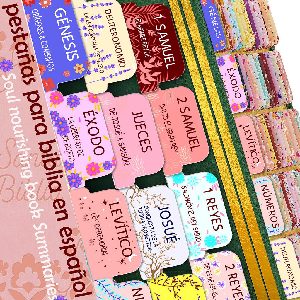 

Spanish Bible Tabs With Spanish Soul Nourishing Book Summaries–75 Peel-and-Stick Large Print Laminated Bible Tabs