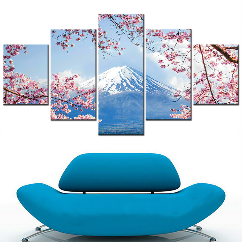 

Mount Fuji Snow Peak Cherry Blossoms 5 Panel Wall Art Canvas Print Picture for Room Decor Painting Home Decoration Accessories