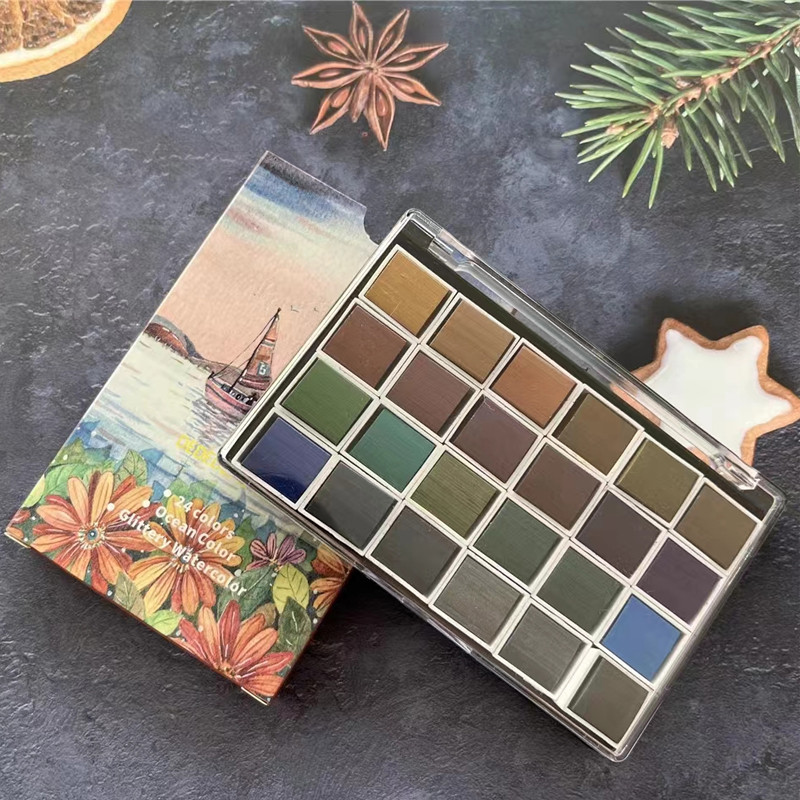 

Retro Solid Watercolor Paints Portable 12/24 Colors Dark Colour Pigment Ocean Glittery Watercolors Set