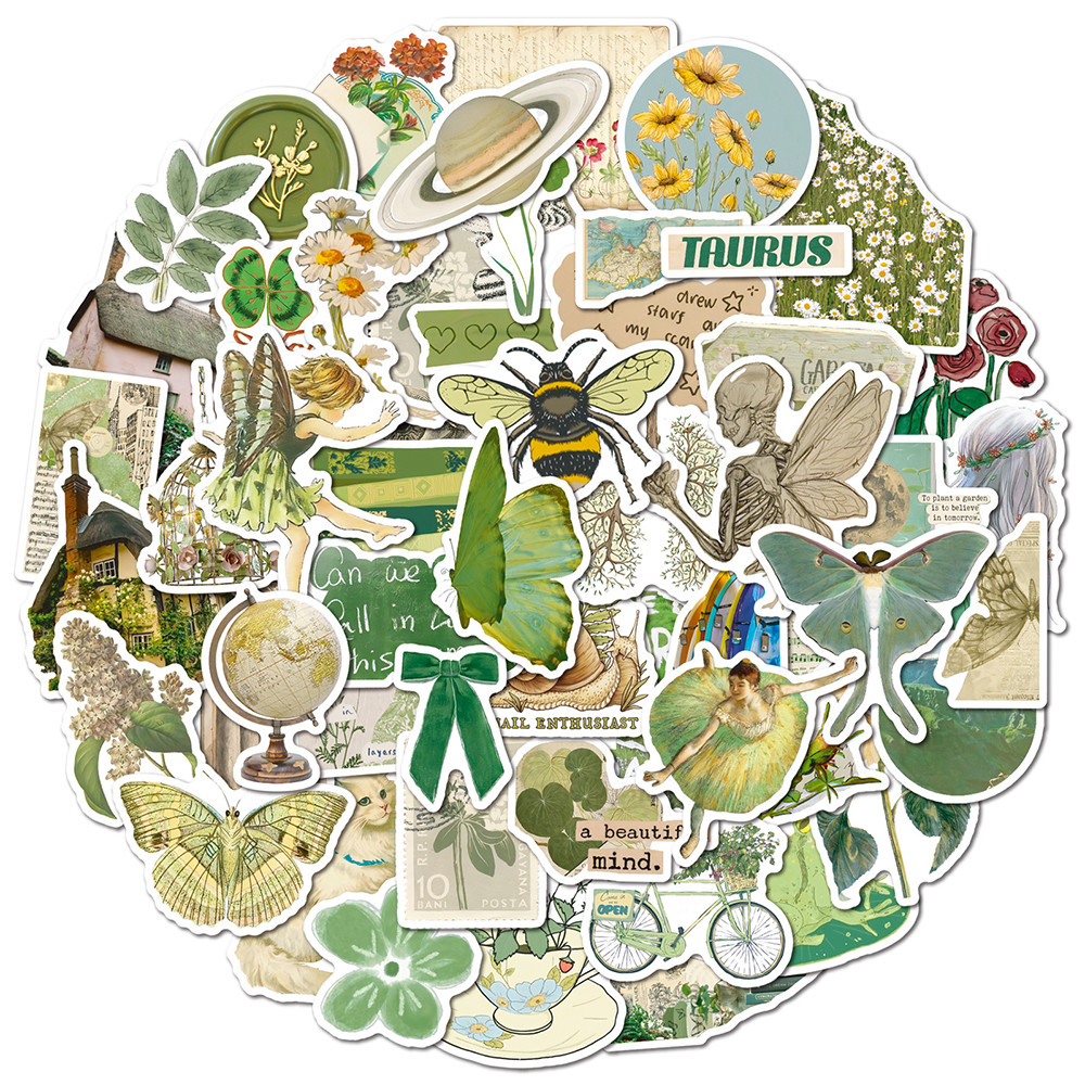 

10/30/50pcs Retro Mint Green Art Aesthetic Stickers Vintage Cartoon Decals Water Bottle Suitcase Phone Graffiti Sticker Packing