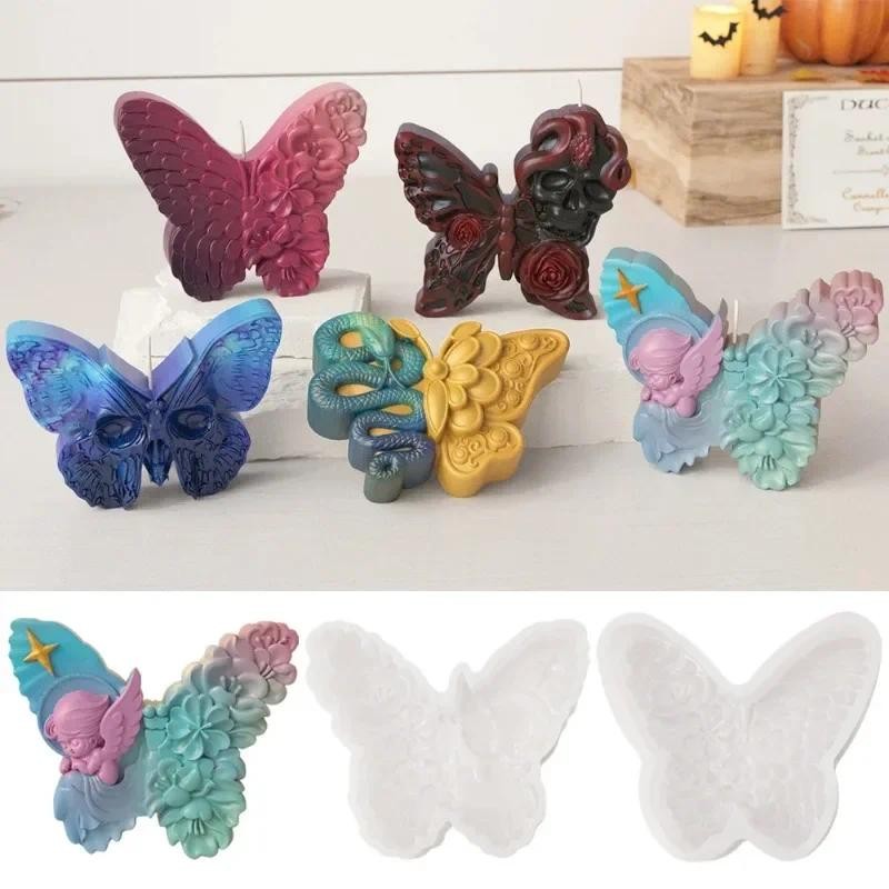 

3D Skull Snake Butterfly Silicone Mold DIY Variation Butterfly Skull Candle Soap Plaster Craft Resin Molds Halloween Gift