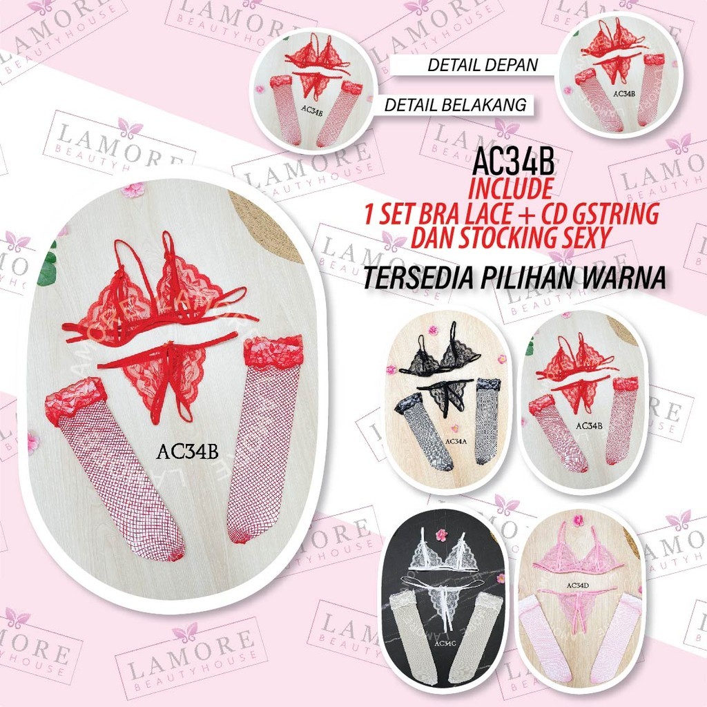 G String Bra Set Underwear Wanita + Stocking Lace Merah Ac34B
